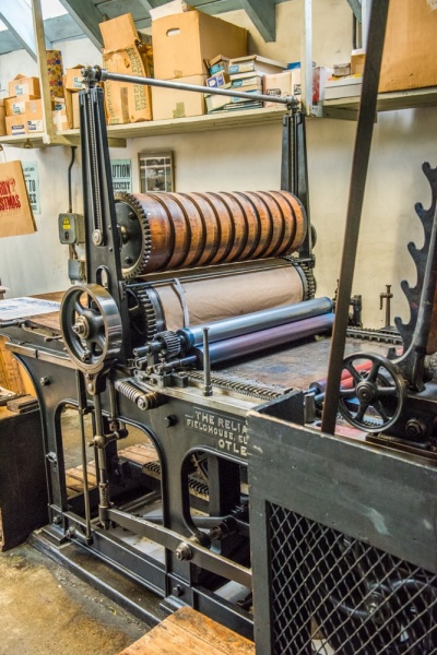 The Wharfedale Reliance press in the Machine Room
